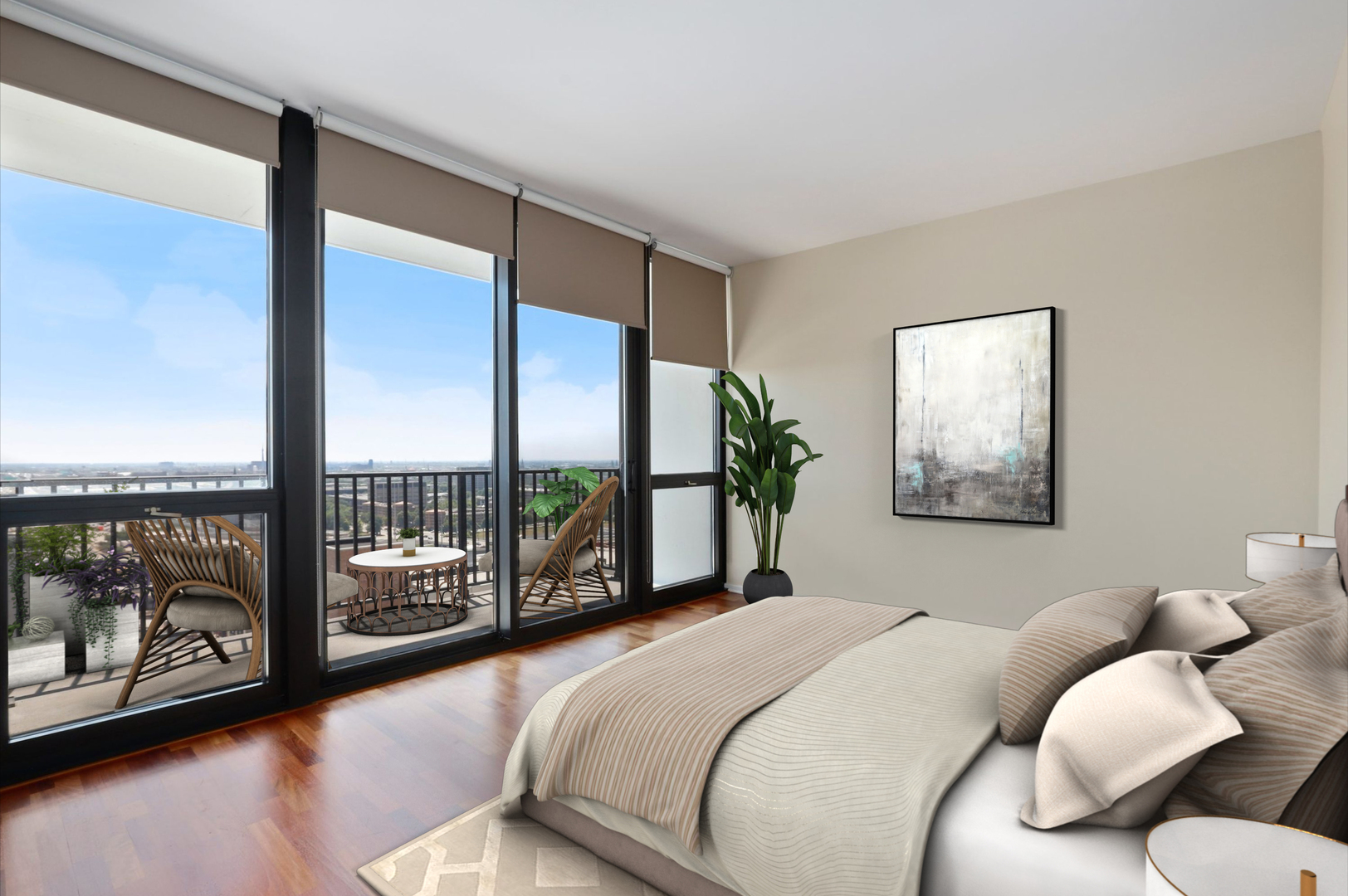 210 South Desplaines Street, Unit 2002 Chicago, IL 60661 - Photo 10 of 24 a bedroom with a bed and glass walk in closet