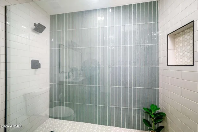 a bathroom with a shower and a plant in it