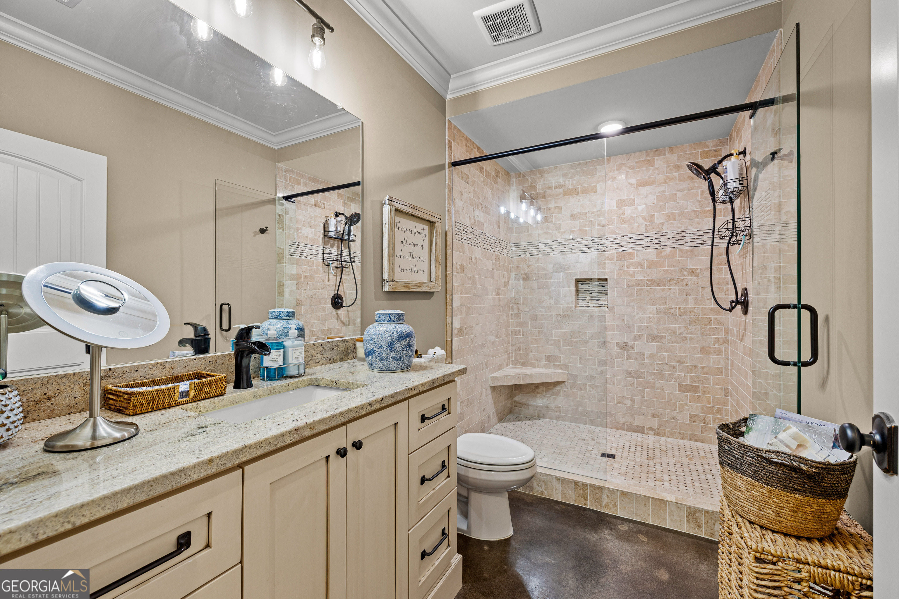 752 Grant Road Brooks, GA 30205 - Photo 79 of 132 a bathroom with a granite countertop sink a toilet and shower