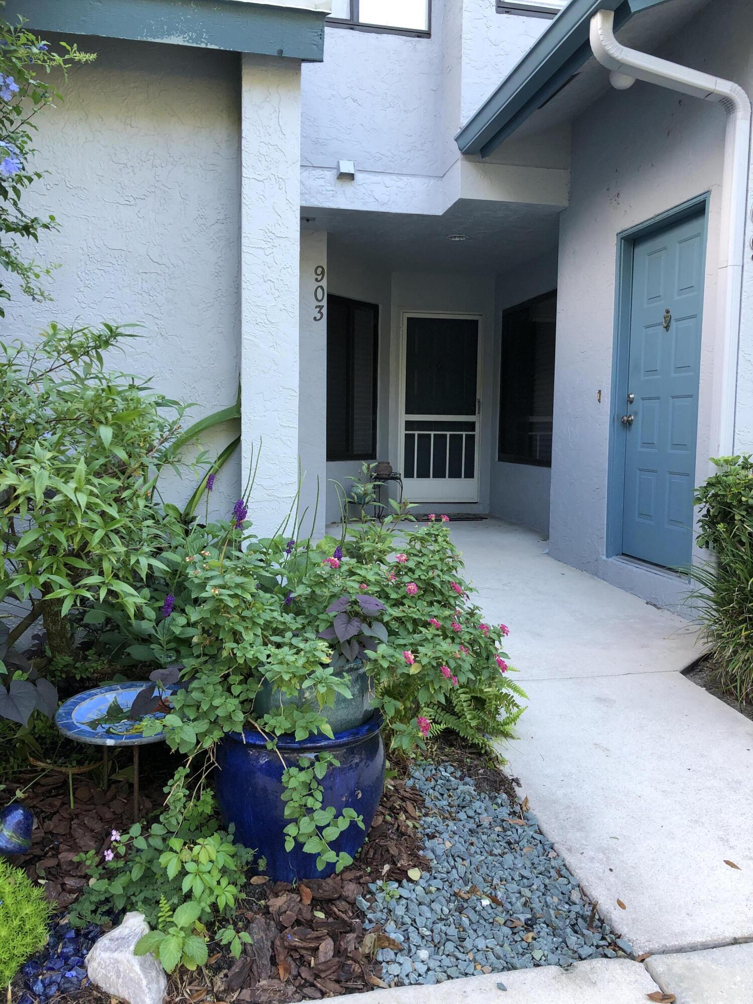 a view of a house with potted plants