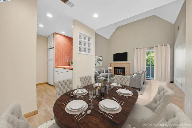a view of a dining room with furniture