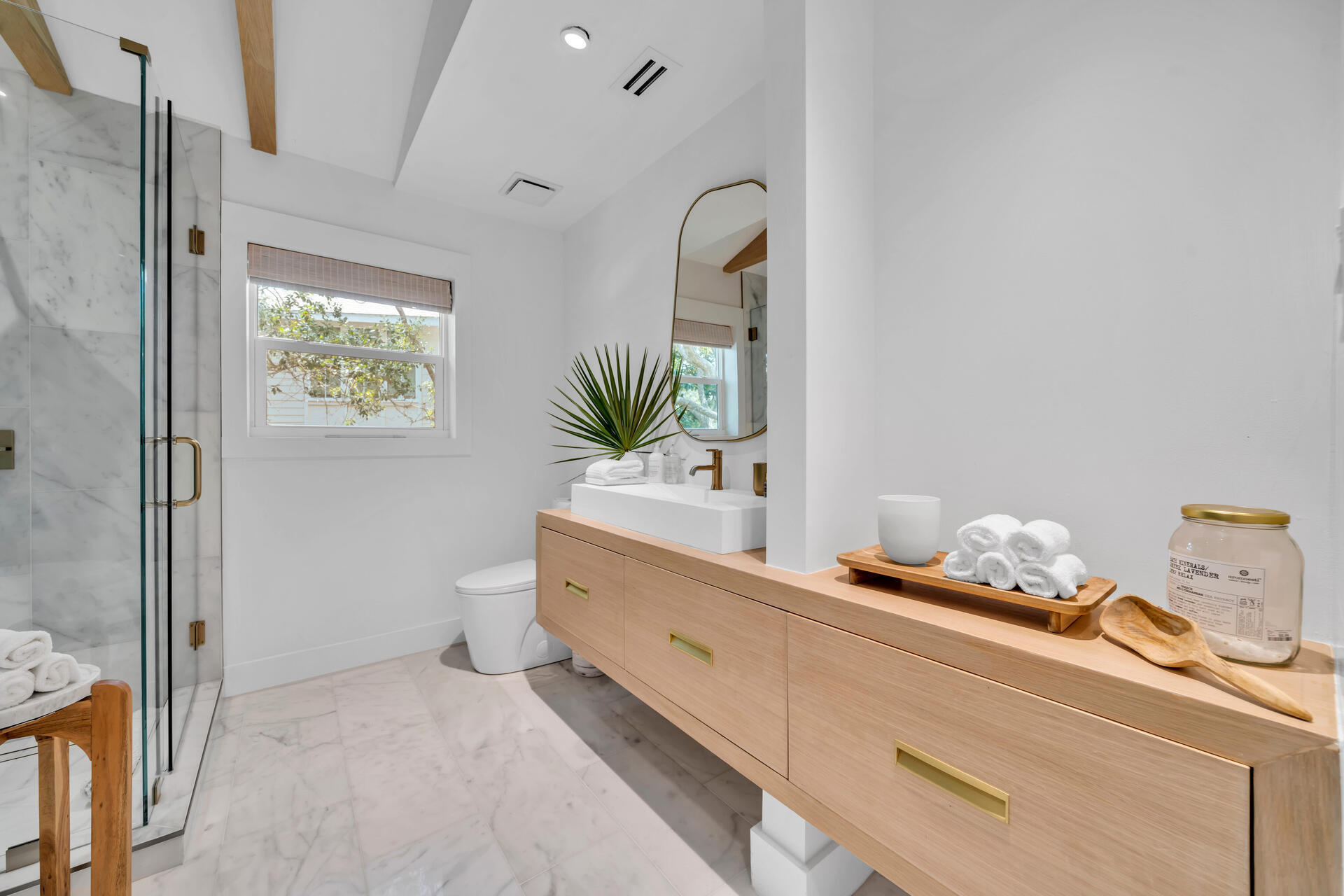 6296 West County Highway 30A Santa Rosa Beach, FL 32459 - Photo 53 of 121 a bathroom with a granite countertop sink a potted plant and a mirror