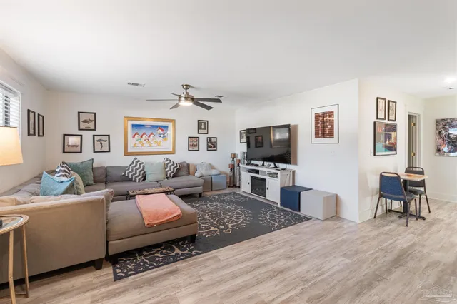 a view of a dining room with furniture