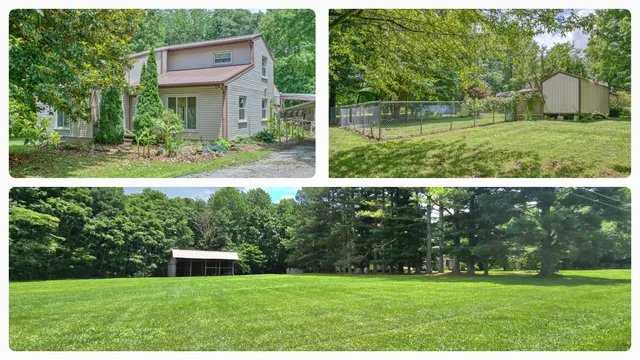 a view of a house with backyard and a garden