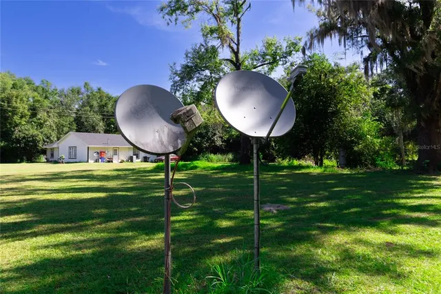 a view of a green field with trees in the background