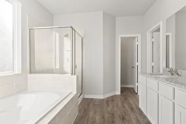 a bathroom with a granite countertop tub sink and shower
