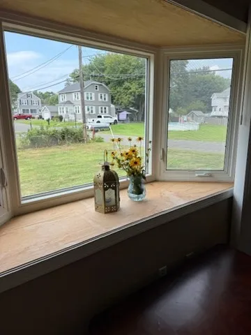 a kitchen with a large window