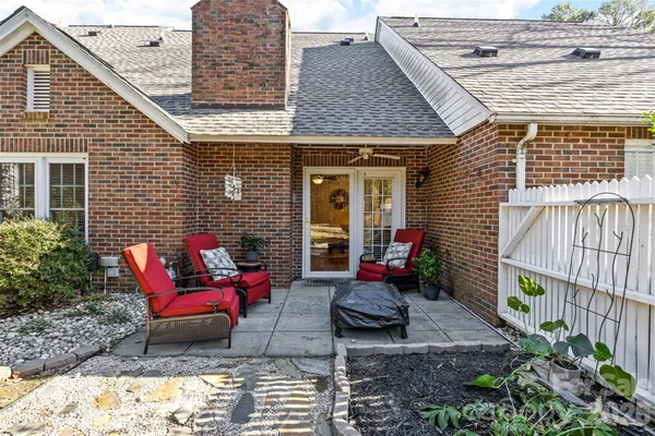 a building outdoor space with patio furniture