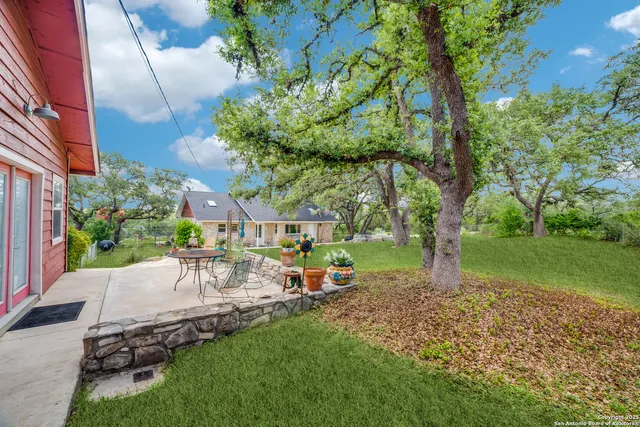a view of a backyard with table and chairs potted plants and large tree