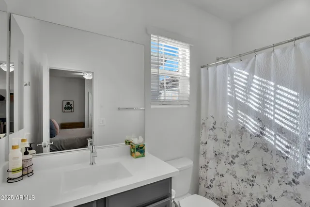 a bathroom with a sink toilet vanity and tub