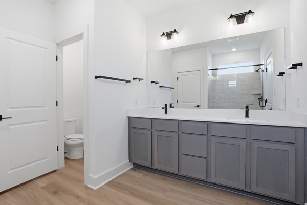 201 Prodigal Way Kyle, TX 78640 - Photo 17 of 22 Well-appointed bathroom featuring a double vanity with gray cabinetry, white countertops, and contemporary black fixtures