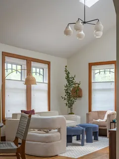 a living room with furniture and a potted plant