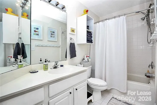 a bathroom with a sink a toilet and shower curtain