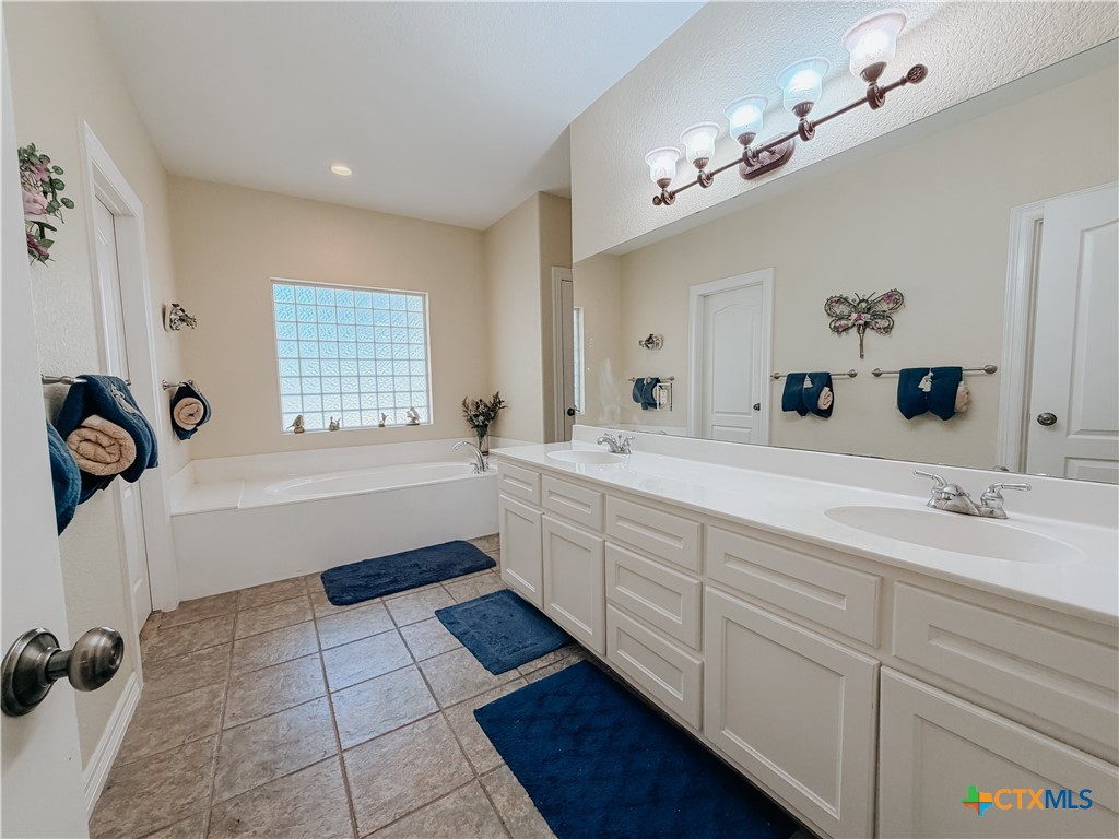 1027 Stagecoach Trail San Marcos, TX 78666 - Photo 16 of 36 a spacious bathroom with a tub sink a mirror a window and vanity