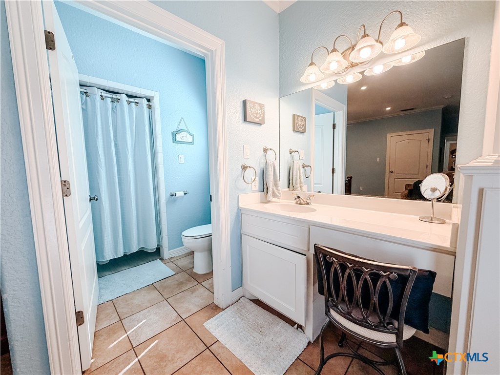 1027 Stagecoach Trail San Marcos, TX 78666 - Photo 26 of 36 a bathroom with a sink a toilet a mirror and a shower
