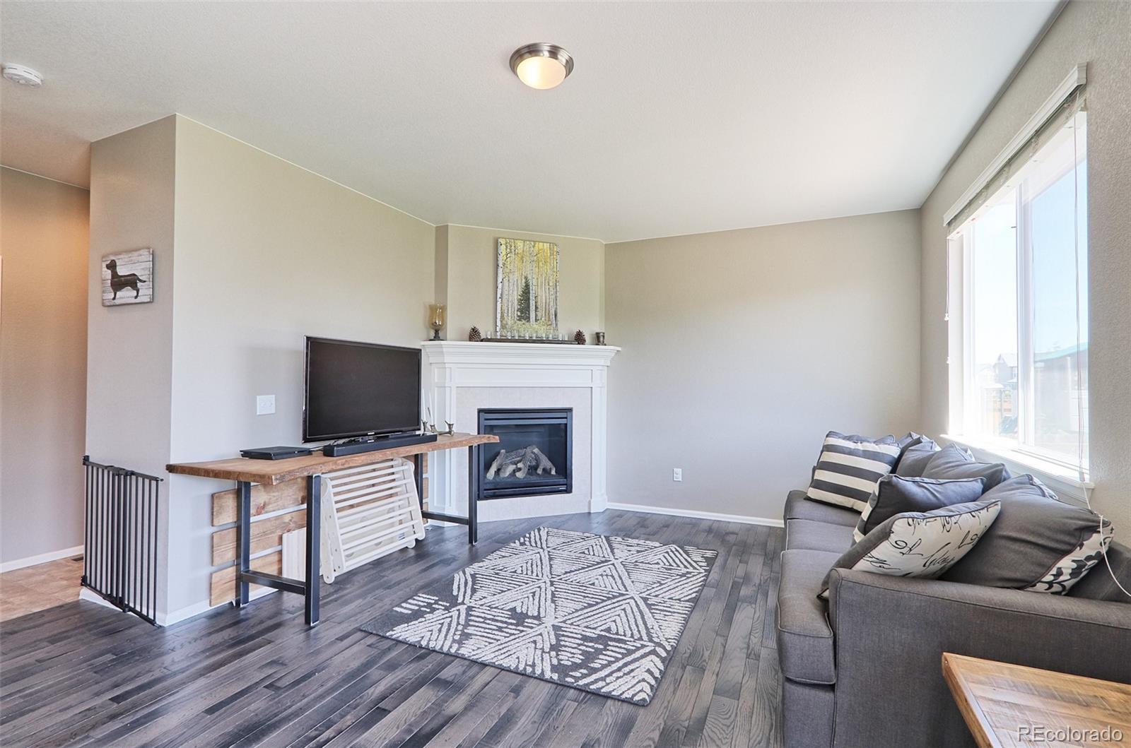 8376 Brandywine Avenue Frederick, CO 80504 - Photo 11 of 31 a living room with furniture a flat screen tv and a fireplace