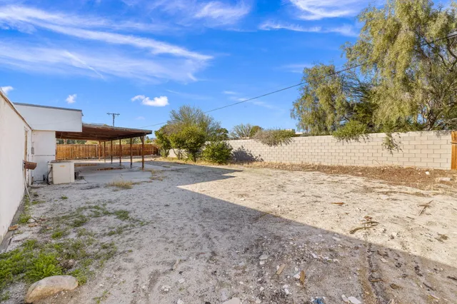 a view of a dry yard with trees