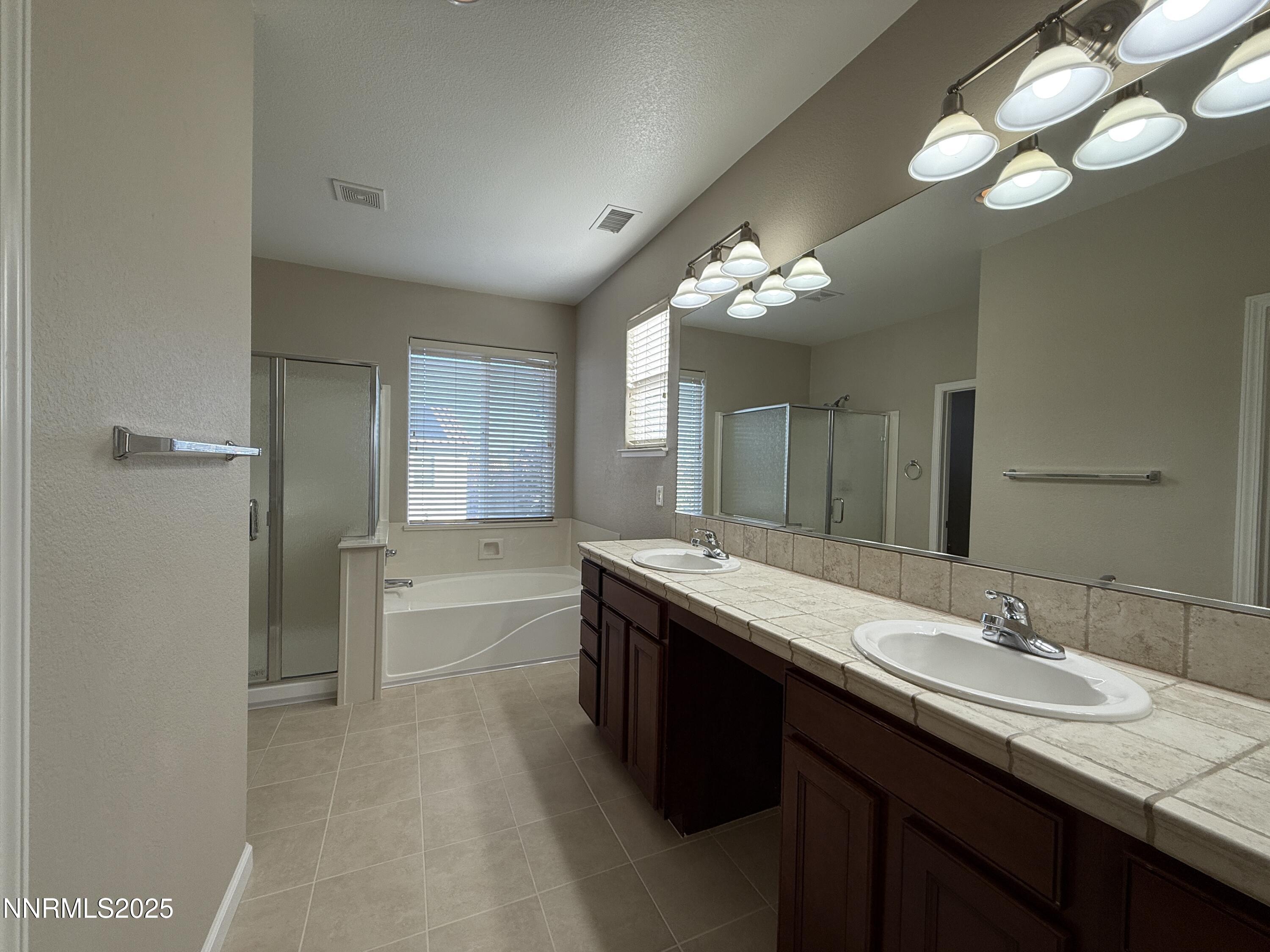 435 Stradella Court Reno, NV 89521 - Photo 29 of 33 a bathroom with a granite countertop sink a large mirror and a bathtub