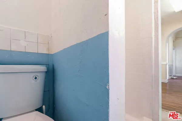 a bathroom with a toilet and a shower