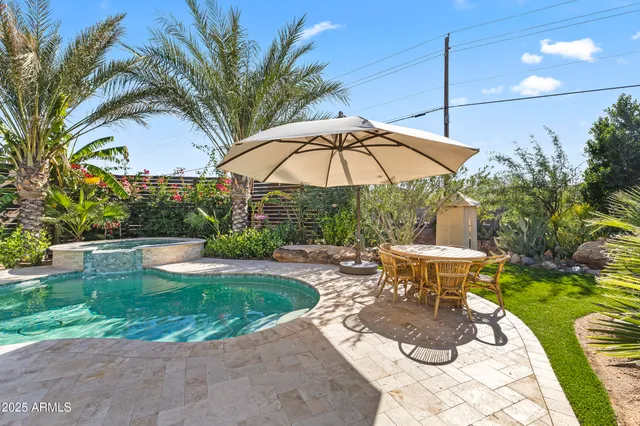 a view of a backyard with plants and swimming pool