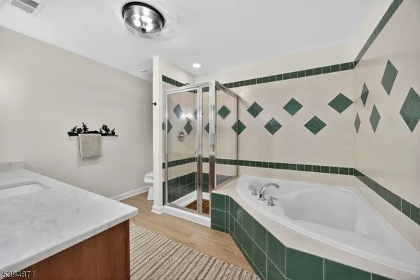 a bathroom with a bathtub and shower