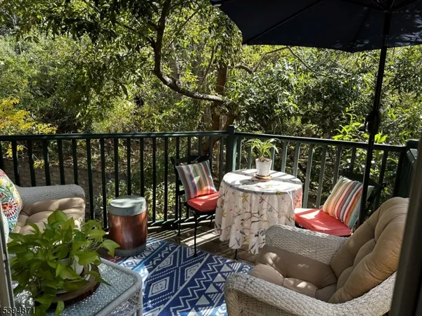 a roof deck with table and chairs potted plants and large tree