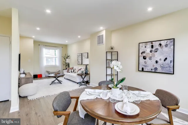 a view of a dining room with furniture