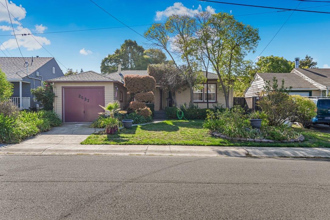 a front view of a house with a yard and potted plants