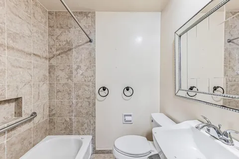 a garden view with a seating space