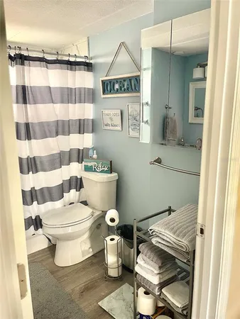 a bathroom with a toilet and a shower curtain