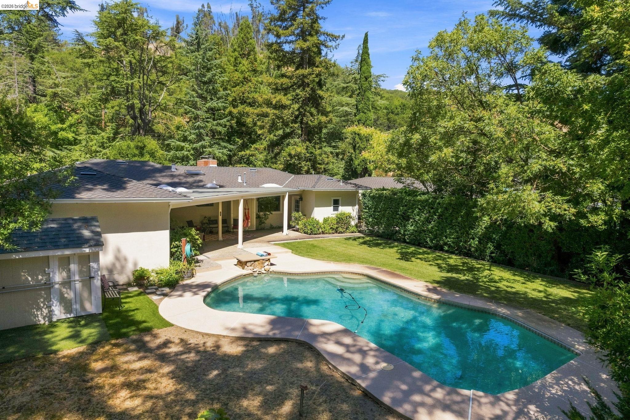 5075 Alhambra Valley Road Martinez, CA 94553 - Photo 61 of 68 Exterior featuring a kidney-shaped swimming pool, paved pool deck, covered patio, and lush surrounding landscaping