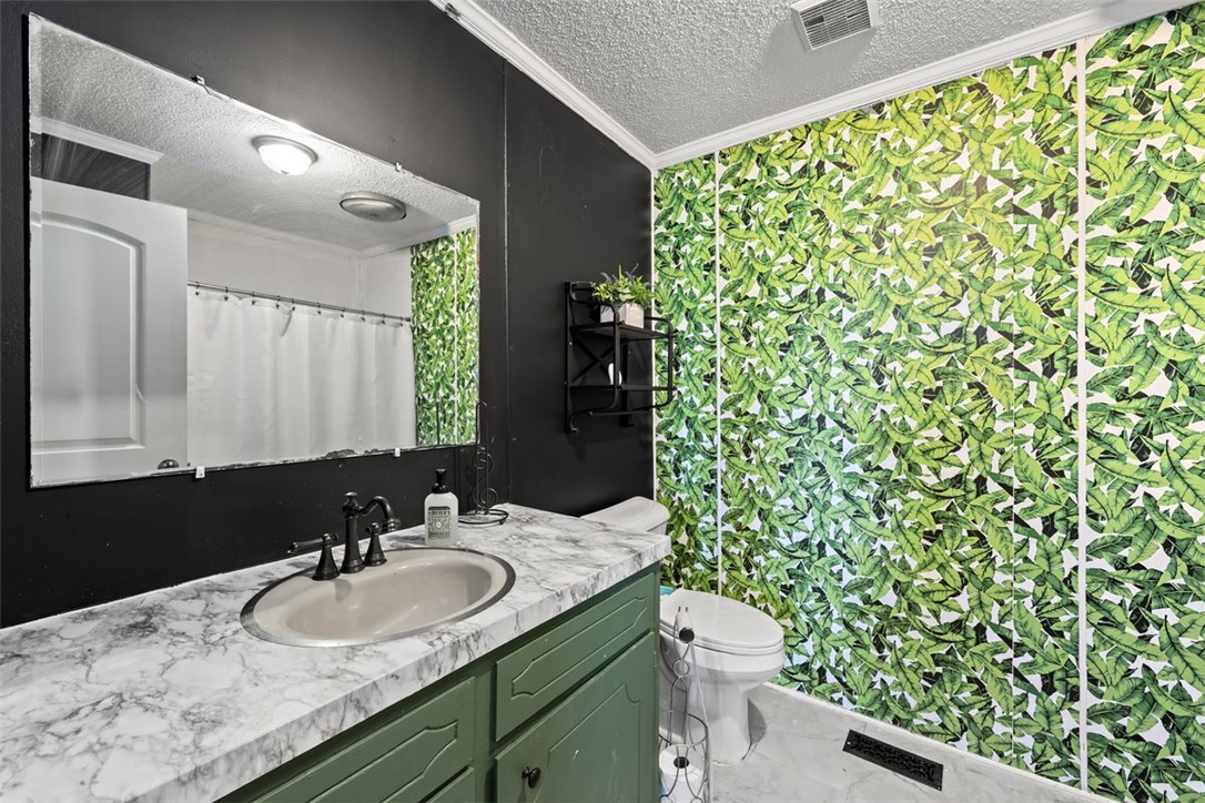 606 County Rd S-1-149 Donalds, SC 29638 - Photo 23 of 38 This bathroom features a sleek vanity and a distinctive leaf-patterned accent wall.