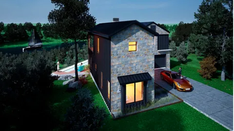 a front view of a house with a garden