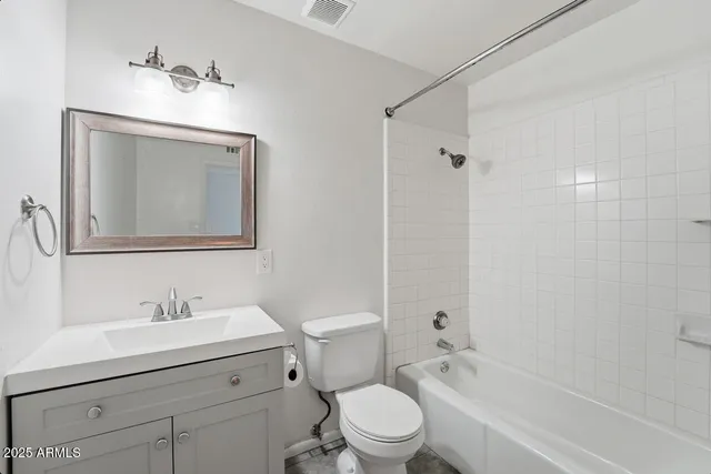 a bathroom with a toilet a sink a mirror a bathtub and vanity
