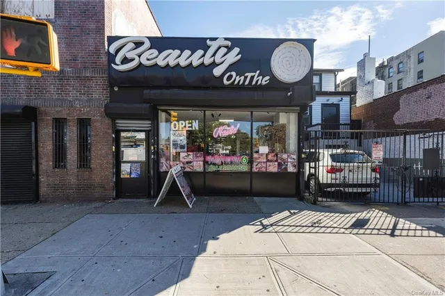 a view of a cafe with a lot of signs