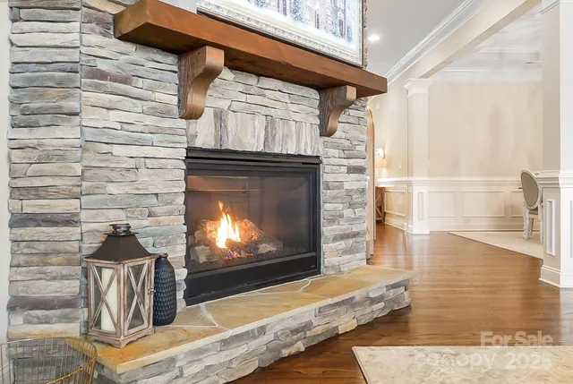 a fireplace with wooden floor