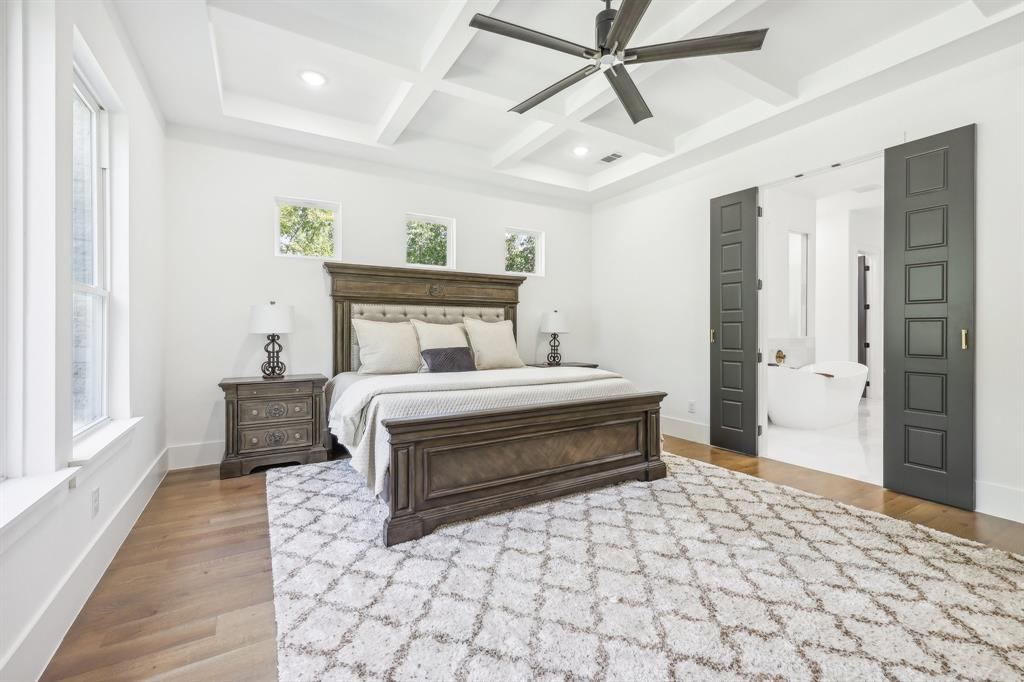478 Polly Road Sunnyvale, TX 75182 - Photo 15 of 40 Bedroom with coffered ceiling, wood finished floors, beamed ceiling, recessed lighting, and ceiling fan