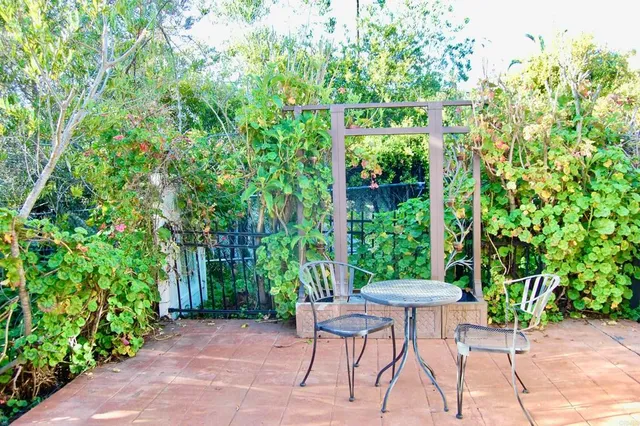 a view of a chairs and table in a backyard