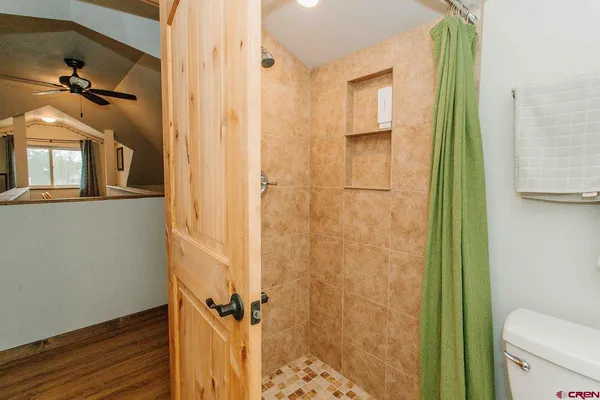 a bathroom with a shower and a toilet