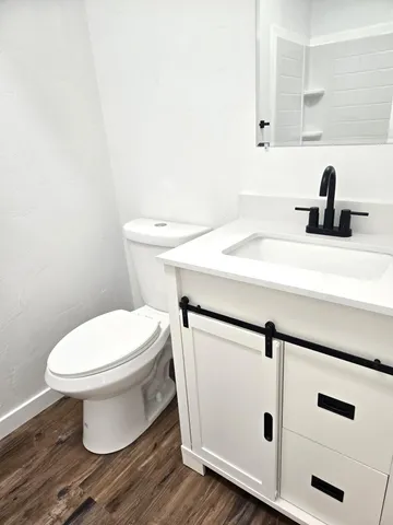 a bathroom with a sink a toilet and mirror