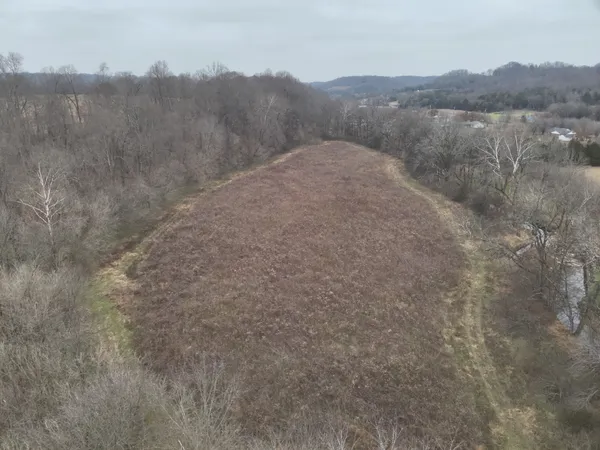a view of a dry field with mountains in the background