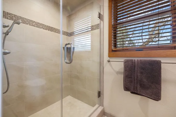 a bathroom with a shower and a window
