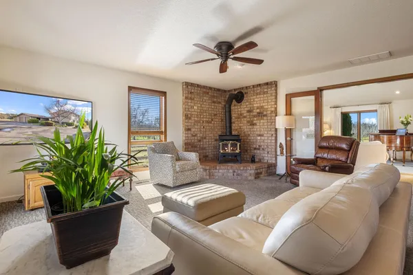 a living room with furniture potted plant and a window
