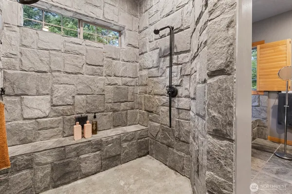 a bathroom with a bathtub