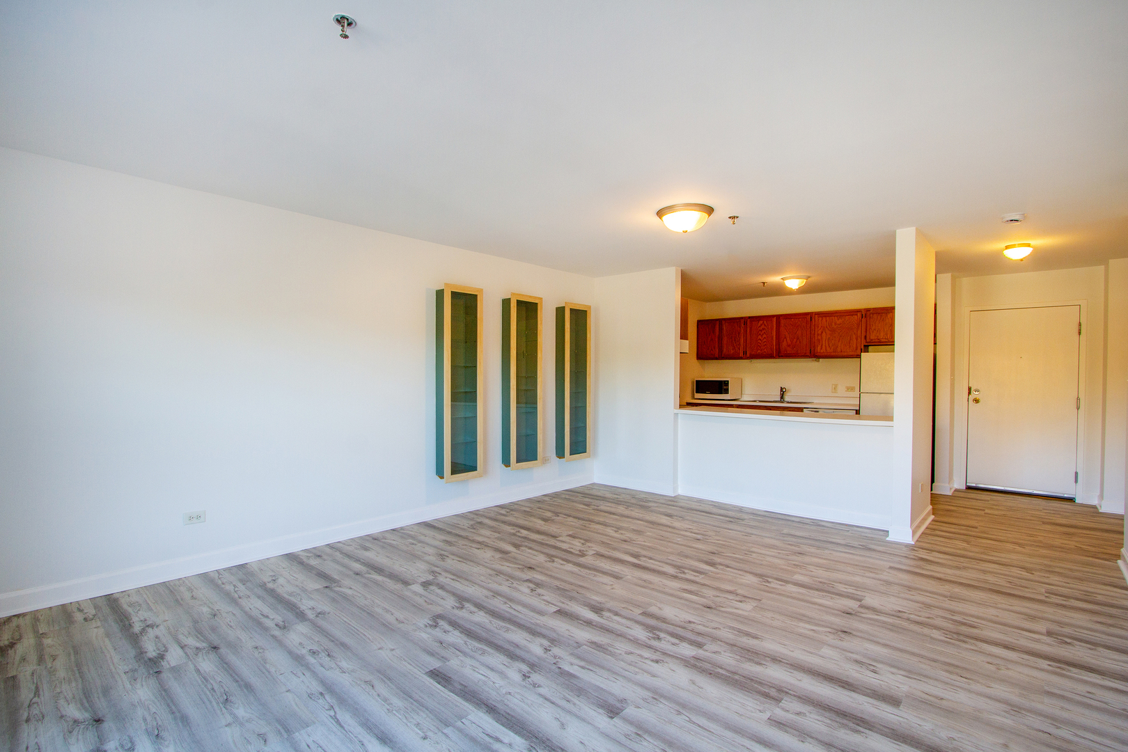 3265 Kirchoff Road, Unit 223 Rolling Meadows, IL 60008 - Photo 3 of 12 a view of an empty room with wooden floor and a kitchen