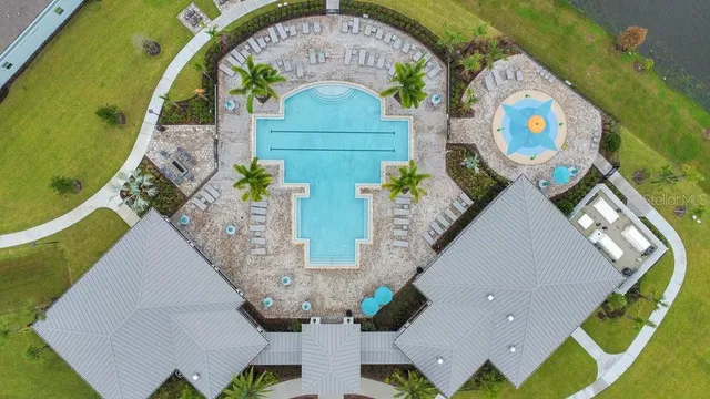an aerial view of a swimming pool