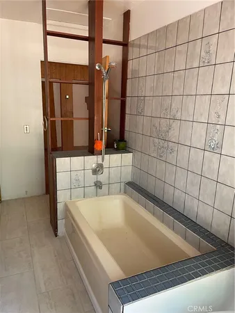a bathroom with a bathtub and shower