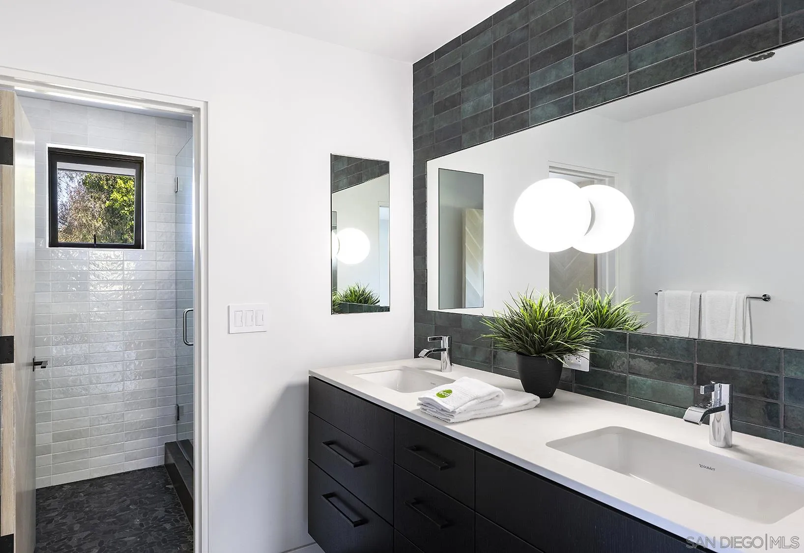 2045 Lowry Place La Jolla, CA 92037 - Photo 44 of 52 a bathroom with a sink a potted plant and a mirror