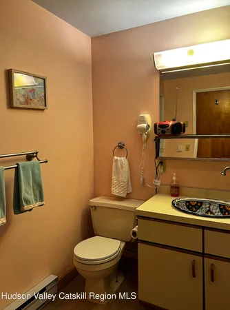 a bathroom with a toilet and a mirror