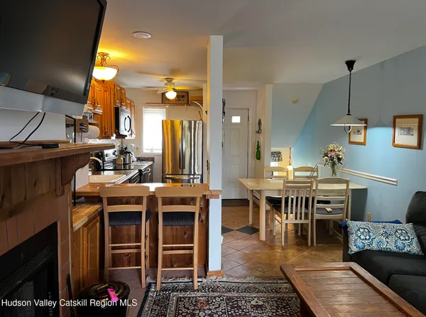 a view of a dining room with furniture